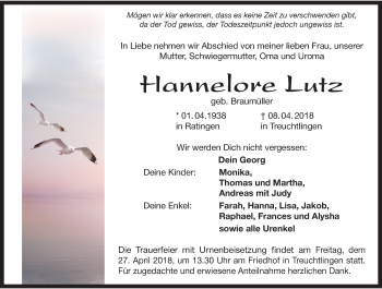 Traueranzeige von Hannelore Lutz von Rheinische Post