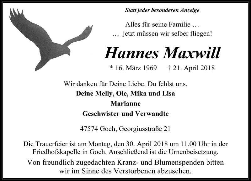  Traueranzeige für Hannes Maxwill vom 26.04.2018 aus Rheinische Post