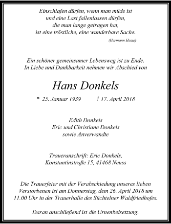 Traueranzeige von Hans Donkels von Rheinische Post