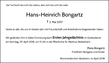 Traueranzeige von Hans-Heinrich Bongartz von Rheinische Post