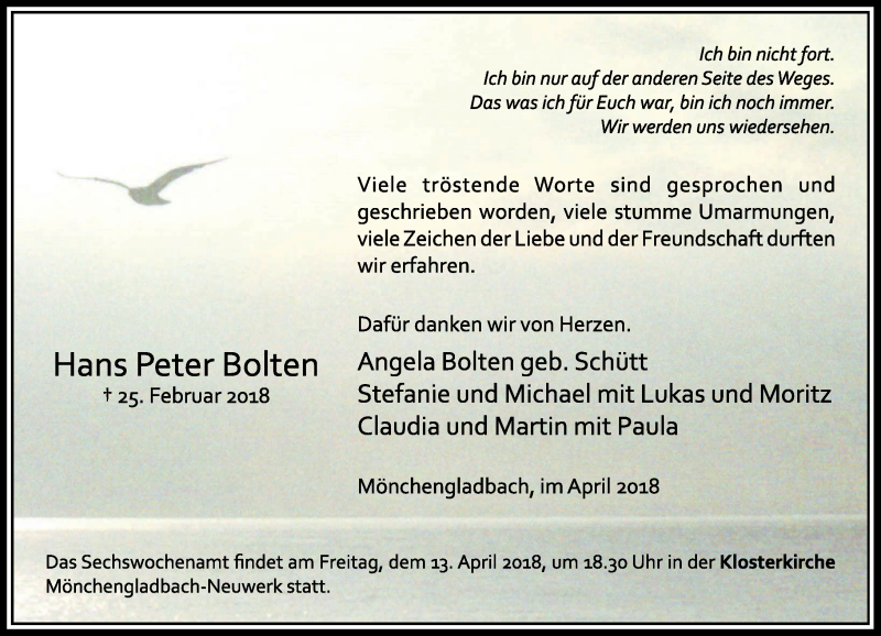  Traueranzeige für Hans Peter Bolten vom 07.04.2018 aus Rheinische Post