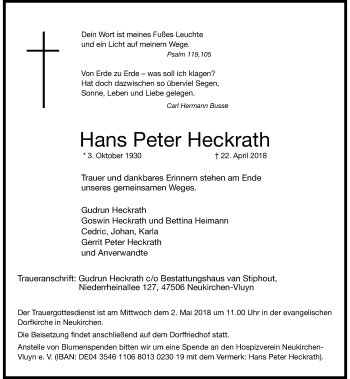 Traueranzeige von Hans Peter Heckrath von Rheinische Post