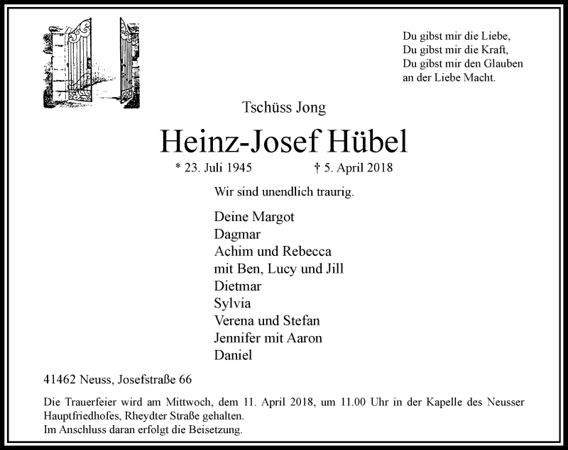  Traueranzeige für Heinz-Josef Hübel vom 07.04.2018 aus Rheinische Post