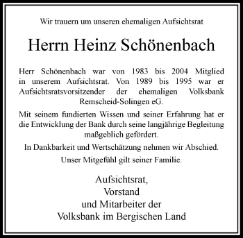 Traueranzeige von Heinz Schönenbach von Rheinische Post