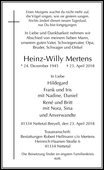 Traueranzeige von Heinz-Willy Mertens von Rheinische Post