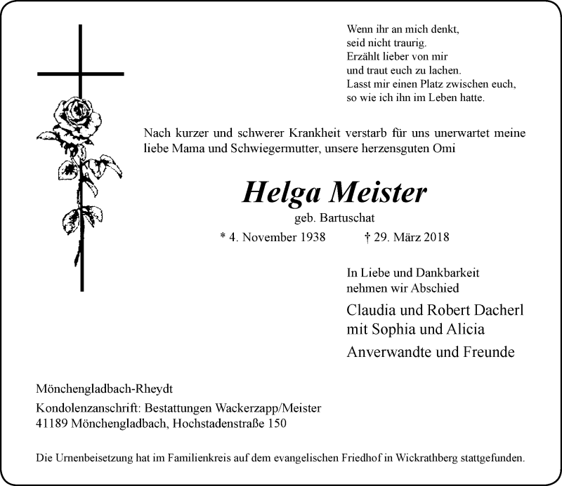  Traueranzeige für Helga Meister vom 14.04.2018 aus Rheinische Post