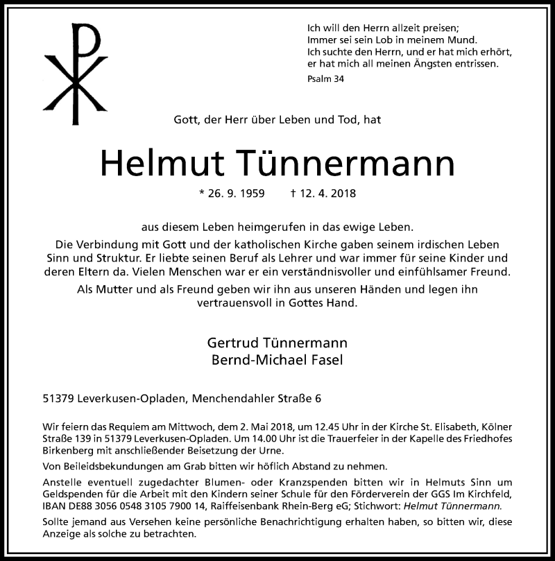  Traueranzeige für Helmut Tünnermann vom 28.04.2018 aus Rheinische Post