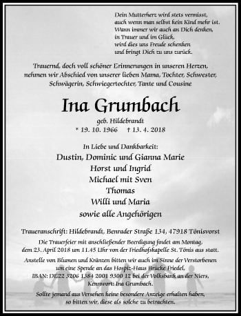 Traueranzeige von Ina Grumbach von Rheinische Post