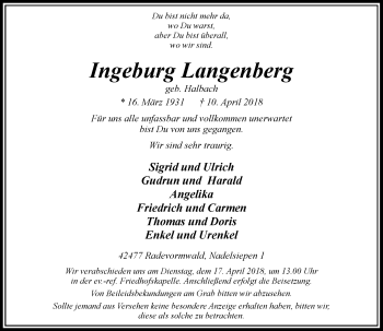 Traueranzeige von Ingeburg Langenberg von Rheinische Post