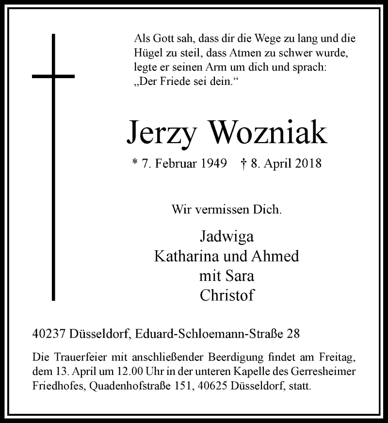  Traueranzeige für Jerzy Wozniak vom 11.04.2018 aus Rheinische Post