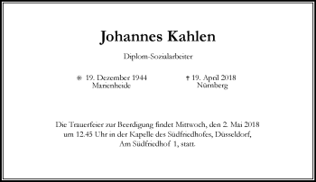 Traueranzeige von Johannes Kahlen von Rheinische Post
