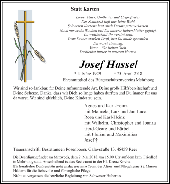 Traueranzeige von Josef Hassel von Rheinische Post