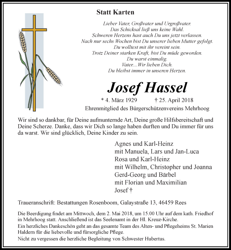 Traueranzeige für Josef Hassel vom 28.04.2018 aus Rheinische Post
