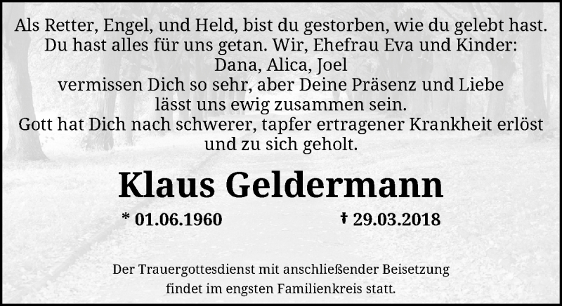  Traueranzeige für Klaus Geldermann vom 07.04.2018 aus Rheinische Post