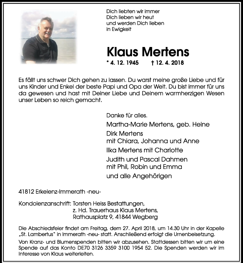  Traueranzeige für Klaus Mertens vom 21.04.2018 aus Rheinische Post