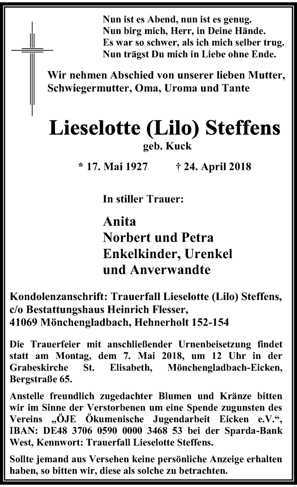  Traueranzeige für Lieselotte Steffens vom 28.04.2018 aus Rheinische Post