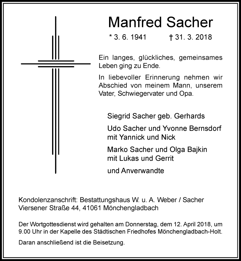  Traueranzeige für Manfred Sacher vom 07.04.2018 aus Rheinische Post