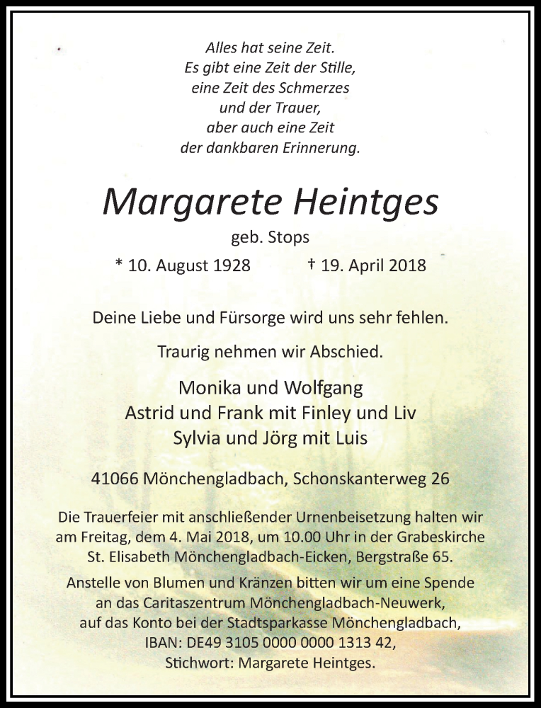  Traueranzeige für Margarete Heintges vom 28.04.2018 aus Rheinische Post