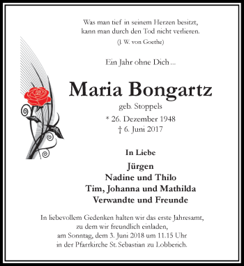 Traueranzeige von Maria Bongartz von Rheinische Post