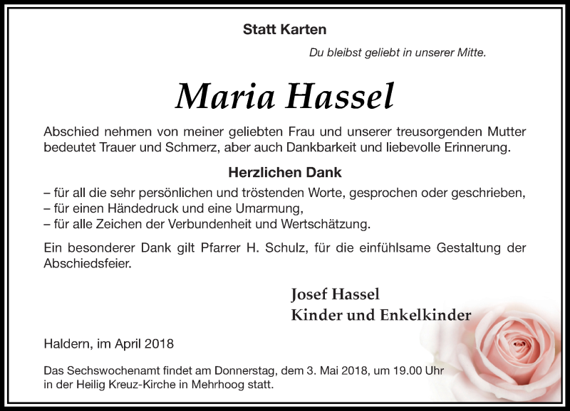  Traueranzeige für Maria Hassel vom 27.04.2018 aus Rheinische Post