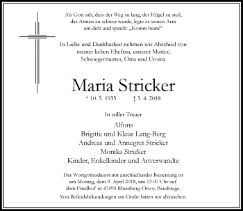 Traueranzeige von Maria Stricker von Rheinische Post