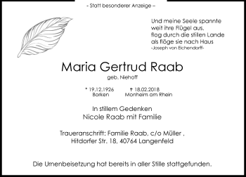 Traueranzeige von Maria Gertrud Raab von Rheinische Post