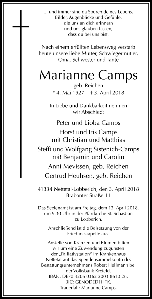  Traueranzeige für Marianne Camps vom 06.04.2018 aus Rheinische Post
