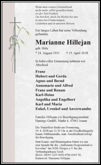 Traueranzeige von Marianne Hillejan von Rheinische Post