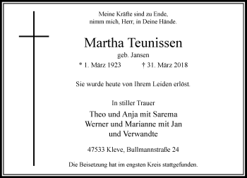 Traueranzeige von Martha Teunissen von Rheinische Post