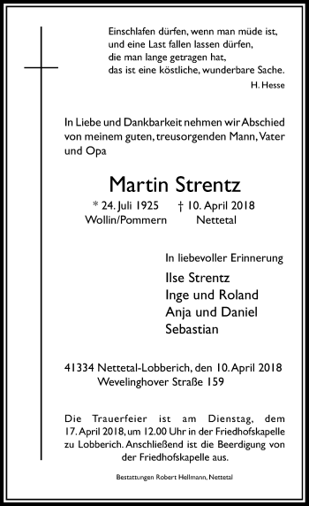 Traueranzeige von Martin Strentz von Rheinische Post