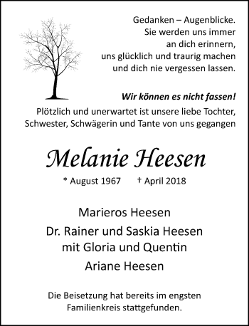 Traueranzeige von Melanie Heesen von Rheinische Post