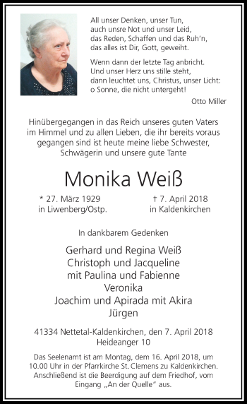 Traueranzeige von Monika Weiß von Rheinische Post