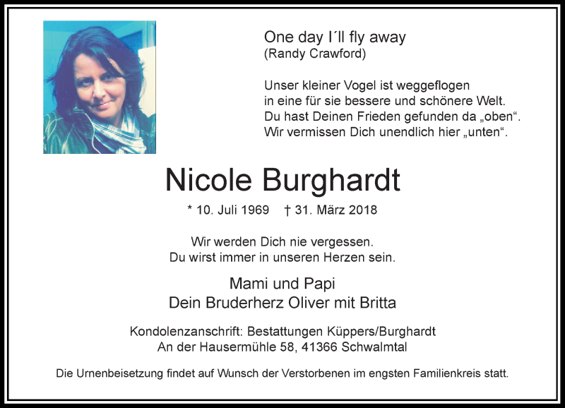  Traueranzeige für Nicole Burghardt vom 21.04.2018 aus Rheinische Post