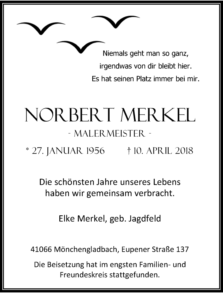  Traueranzeige für Norbert Merkel vom 21.04.2018 aus Rheinische Post