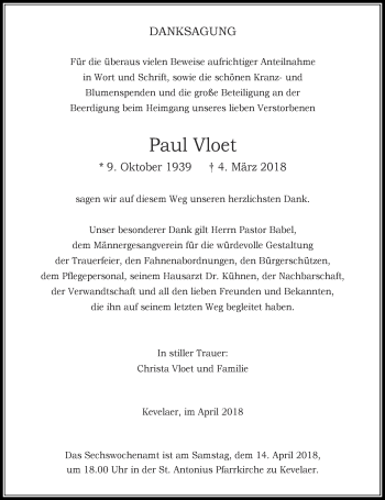 Traueranzeige von Paul Vloet von Rheinische Post