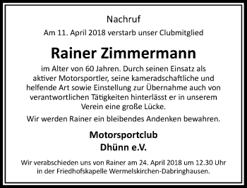 Traueranzeige von Rainer Zimmermann von Rheinische Post
