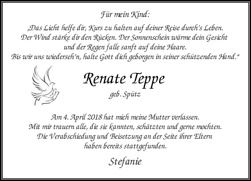  Traueranzeige für Renate Teppe vom 14.04.2018 aus Rheinische Post