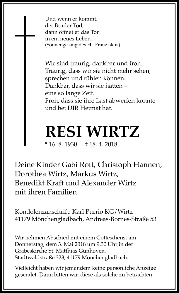  Traueranzeige für Resi Wirtz vom 28.04.2018 aus Rheinische Post