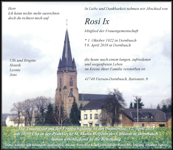 Traueranzeige von Rosi Ix von Rheinische Post