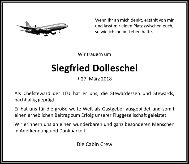  Traueranzeige für Siegfried Dolleschel vom 07.04.2018 aus Rheinische Post