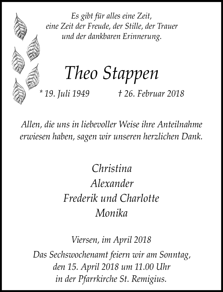  Traueranzeige für Theo Stappen vom 07.04.2018 aus Rheinische Post