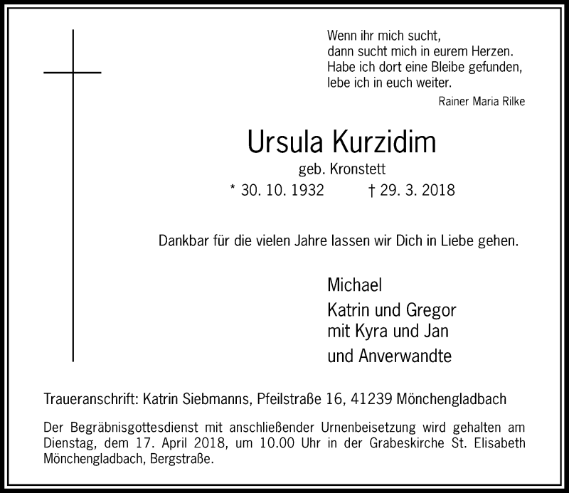  Traueranzeige für Ursula Kurzidim vom 14.04.2018 aus Rheinische Post