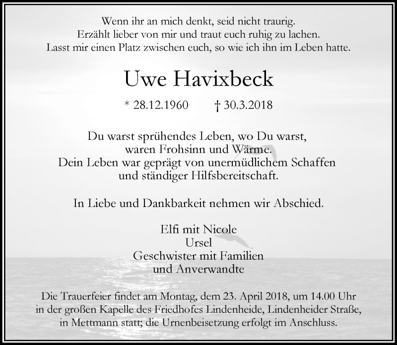  Traueranzeige für Uwe Havixbeck vom 18.04.2018 aus Rheinische Post