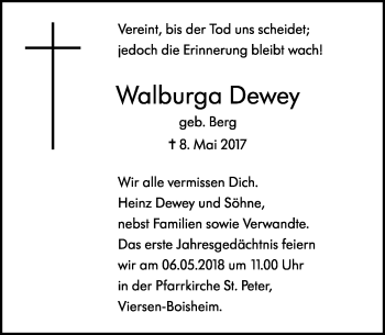 Traueranzeige von Walburga Dewey von Rheinische Post