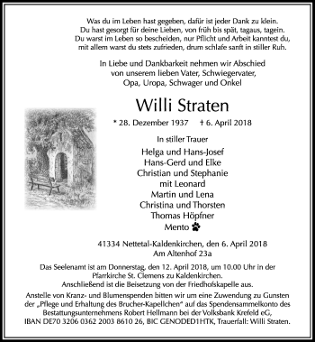 Traueranzeige von Willi Straten von Rheinische Post