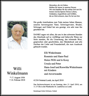 Traueranzeige von Willi Winkelmann von Rheinische Post