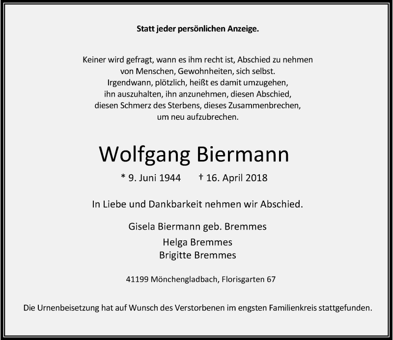  Traueranzeige für Wolfgang Biermann vom 28.04.2018 aus Rheinische Post