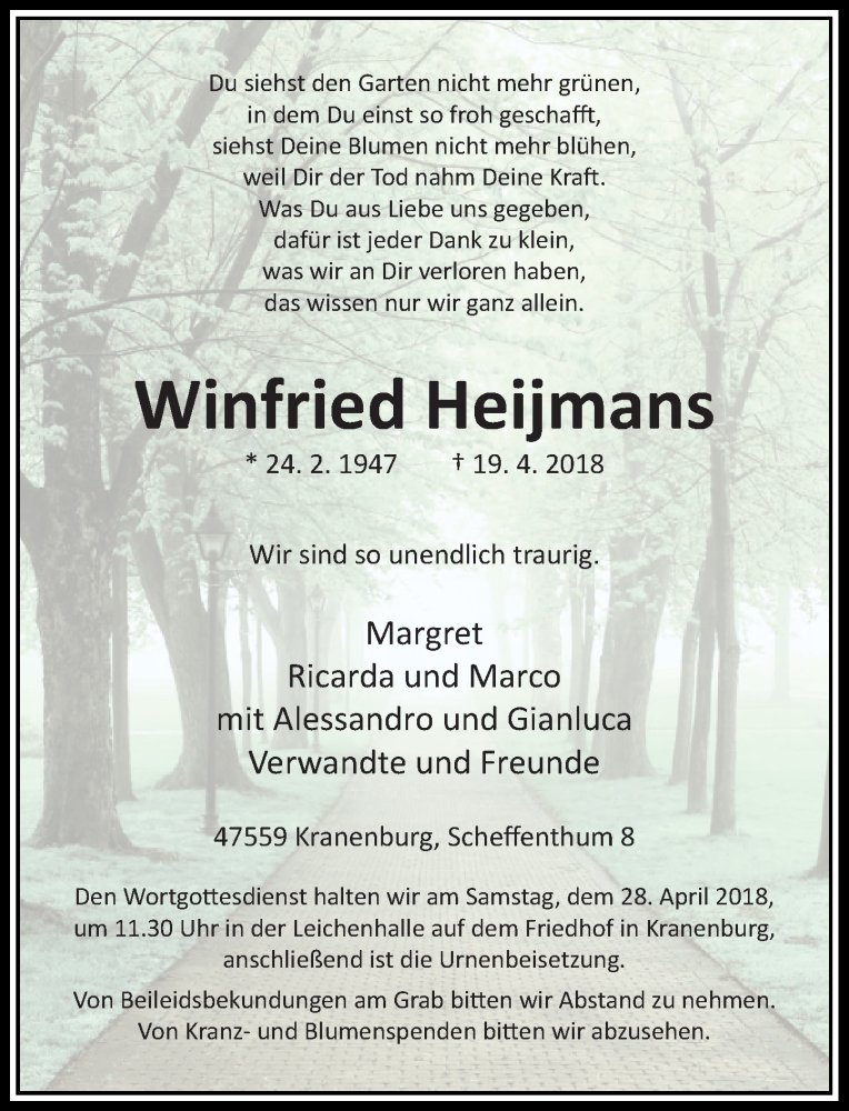 Traueranzeige für Winfried Heijmans vom 27.04.2018 aus Rheinische Post