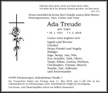 Traueranzeige von Ada Treude von Rheinische Post
