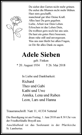 Traueranzeige von Adele Sieben von Rheinische Post